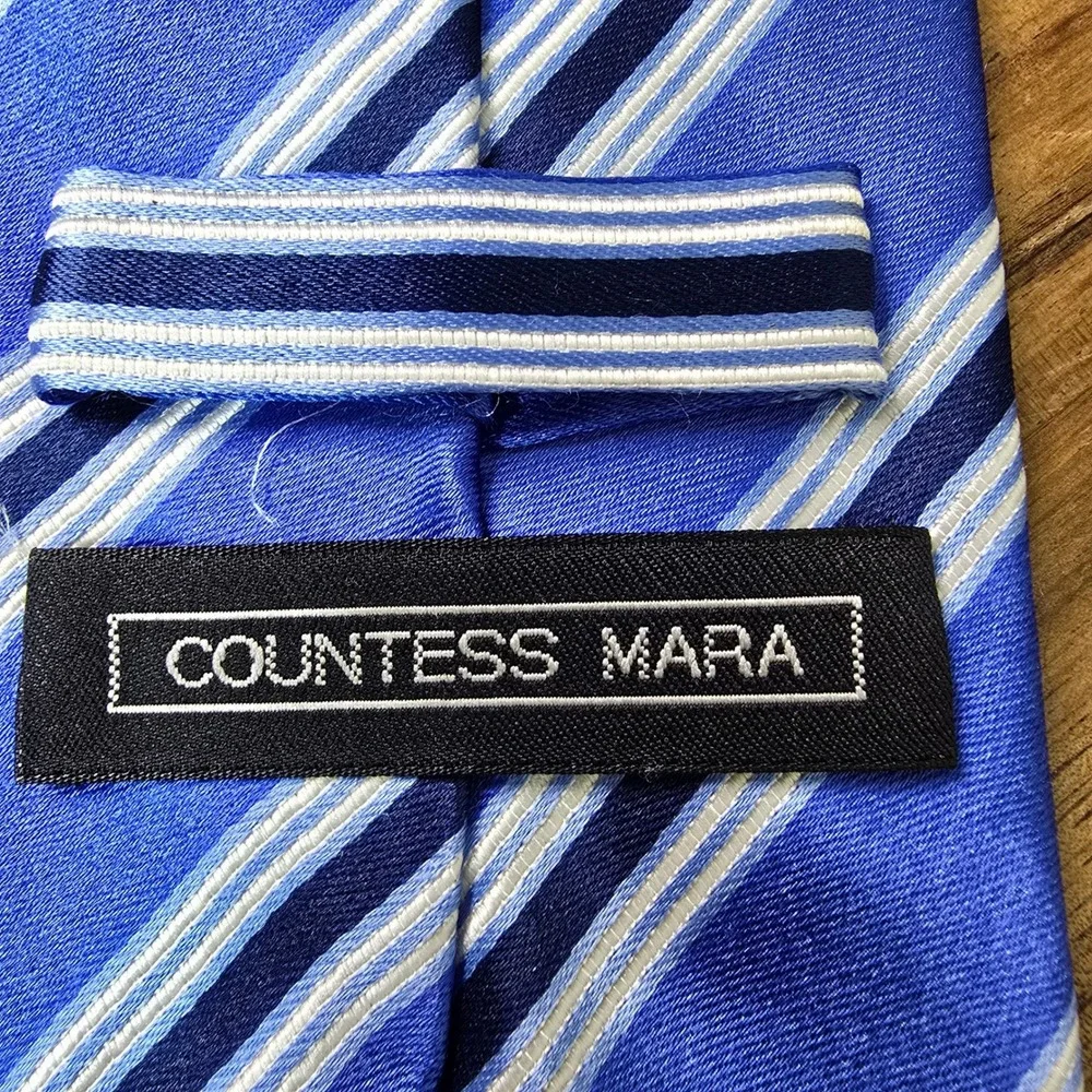 Countess Mara Neck Tie Mens Blue Striped 100% Silk Hand‎ Made Classic Preppy Ivy
